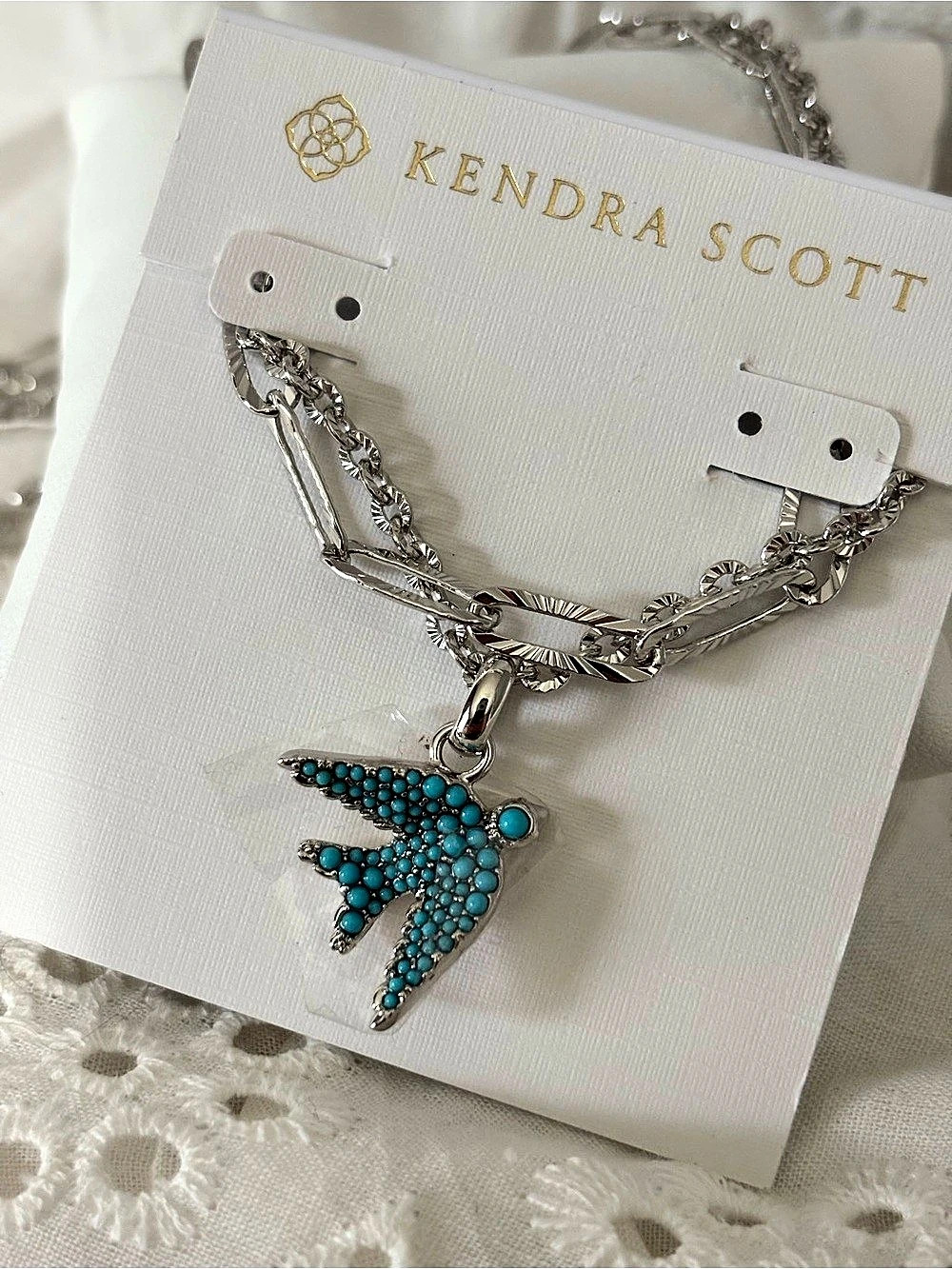 Kendra Scott Melody Bird Silver Multi Strand Necklace Blue Pendant Necklace